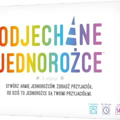 Odjechane jednorożce instrukcja gry. Kolorowe pudełko z napisem "Odjechane Jednorożce 2. edycja", informacją o zawartości i zasadach gry.