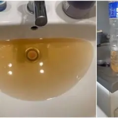 Évier rempli d'eau trouble et bouteille d'eau en plastique avec un liquide jaune. La couleur de l'eau potable est loin d'être idéale.