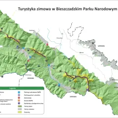 Mapa turystyczna Bieszczadzkiego Parku Narodowego, pokazująca szlaki zimowe, schroniska i parkingi. Bieszczady gdzie leżą, widać na mapie z granicami Polski, Słowacji i Ukrainy.