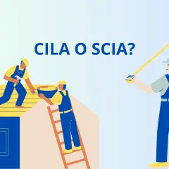 Lavoratori edili sul tetto, uno con martello, l'altro con secchio. Una donna misura con un metro. La domanda è: CILA o SCIA?