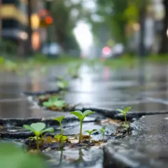 Młode pędy przebijają się przez pęknięcia w mokrym chodniku, symbolizując niezwykłą rezyliencję życia w miejskim krajobrazie.