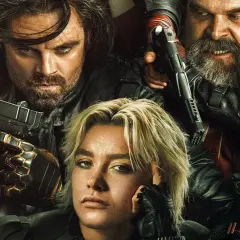Die Besetzung von Thunderbolts* versammelt sich: Bucky Barnes, Yelena Belova, Red Guardian und S.H.I.E.L.D.-Agenten mit Waffen.