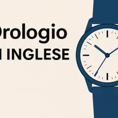 Orologio da polso blu con quadrante bianco, testo "Orologio IN INGLESE". Impara il fuso orario in inglese.