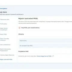 Na stronie "Twoje dane" w mObywatelu widać status "Twój PESEL jest niezastrzeżony". Można tu zarządzać rejestrem zastrzeżeń PESEL.