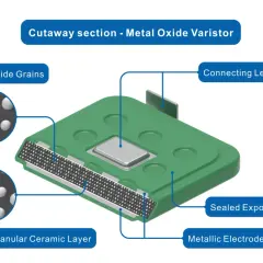Przekrój warystora z tlenku metalu: ziarna tlenku cynku, warstwa ceramiczna, elektroda metalowa, wyprowadzenie przyłączeniowe, obudowa epoksydowa.