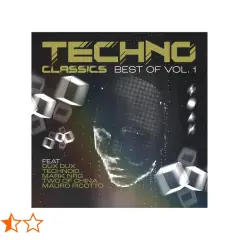 Copertina di "Techno Classics Best of Vol. 1", con un volto stilizzato e cubi fluttuanti. Un must per gli amanti della musica techno famosa.