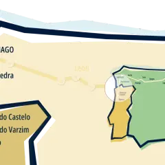 Mapa ilustra el camino de Santiago Portugal, con ciudades como Oporto, Viana do Castelo, Vigo, Pontevedra y Santiago.