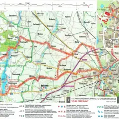Piastowski trakt rowerowy w Gnieźnie i okolicach. Mapa szlaków rowerowych, w tym czerwonego, z zaznaczonymi atrakcjami.