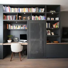 Gemütliche arbeitsecke im wohnzimmer mit Schreibtisch, Computer und Bücherregal.