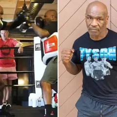 Mike Tyson training in a boxing ring, showcasing his legendary mike tyson punch strength. The right side shows him posing in a Tyson t-shirt.