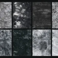 Eight grunge art style textures, featuring distressed, stained, and gritty surfaces in shades of black and white.