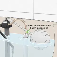 Illustration showing the inside of a toilet tank. A fill tube is shown with a green arrow pointing to it, with text that reads "make sure the fill tube hasn't popped off." This is a step in how to fix a running toilet.