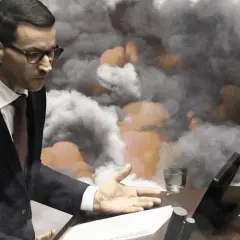 Mateusz Morawiecki w garniturze przemawia na tle dymu i pomarańczowych płomieni.