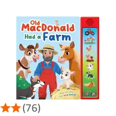 Okładka książeczki "Old MacDonald Had a Farm" z wesołym rolnikiem, krową, koniem, owcą, psem i innymi zwierzętami.