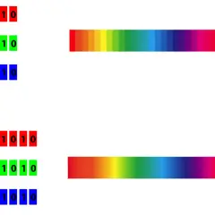Porównanie 8-bitowej i 10-bitowej głębi kolorów. Widać więcej odcieni w palecie 10-bitowej.