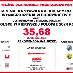 Minimalna stawka kalkulacyjna wynagrodzenia w budownictwie i gospodarowaniu nieruchomościami w Polsce w I połowie 2024 roku wynosi 35,68 zł/roboczogodzina.