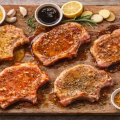 Cinq côtelettes de porc crues, généreusement recouvertes d'une marinade savoureuse, sont disposées sur une planche en bois. Des herbes, de l'ail, du citron et des épices complètent la scène culinaire.