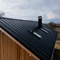 Nowoczesny dom z dachem dwuspadowym pokrytym czarną blachą. Widoczne okna dachowe i komin.