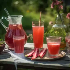 En härlig sommardukning med rabarbersaft i en karaff och glas. Färska rabarberbitar och bär ligger i en skål.
