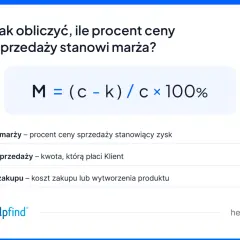 Wzór na obliczenie marży brutto: M = (c - k) / c × 100%. Wyjaśnienie symboli: M - wynik marży, c - cena sprzedaży, k - koszt zakupu.
