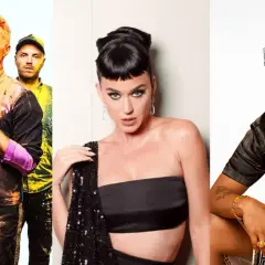 Coldplay, Katy Perry e Bruno Mars, icone delle canzoni inglesi famose moderne, in un collage vibrante.