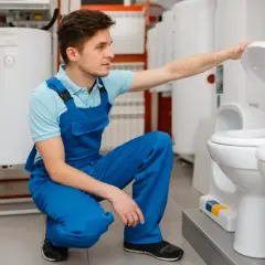 Fachowiec w niebieskim ogrodniczkach sprawdza deskę sedesową, zastanawiając się, czym skleić deskę sedesową.
