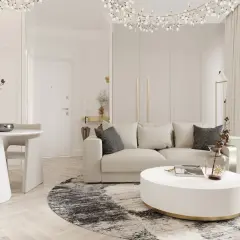 Nowoczesny salon z sofą, stolikiem kawowym i okrągłym dywanem.