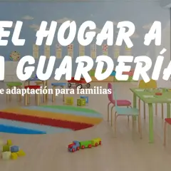 Un aula colorida con mesas, sillas y juguetes. La imagen promociona una guía para la adaptación a la guardería gratis.