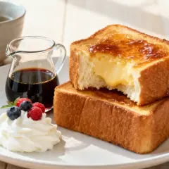 Un délicieux pain perdu crémeux, garni de fruits rouges et de chantilly, servi avec du sirop et une tasse de thé.