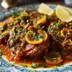 En tallrik med mustig osso buco, garnerad med citron och persilja.