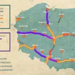 Mapa Polski z zaznaczonymi płatnymi autostradami (fioletowe), istniejącymi (pomarańczowe), w budowie (czerwone) i planowanymi (szare). Podano długość odcinków płatnych i ceny.