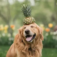 Ein fröhlicher Golden Retriever mit einer Ananas auf dem Kopf sitzt im Gras vor blühenden Blumen.