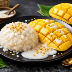 En tallrik med klibbigt ris, färsk mango i kuber och en krämig kokossås. Toppad med krispiga frön, en härlig kombination av friterat rispapper och mango.
