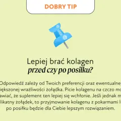 Niebieska pinezka na jasnym tle, z napisem "DOBRY TIP" i pytaniem "Lepiej brać kolagen przed czy po posiłku?".