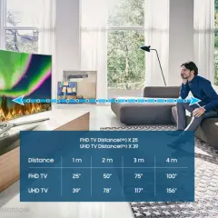 Wygodna odległość oglądania dla telewizora 75 cali to 3 metry. Tabela pokazuje idealne wymiary telewizora 75 cali dla różnych odległości.