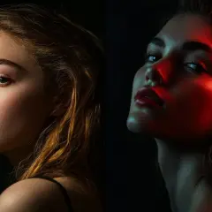 Split image shows a woman's face lit with soft natural light on the left, and dramatic red light on the right, demonstrating how to light a photo shoot for different moods.