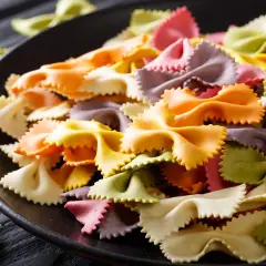 Bunte Farfalle-Nudeln auf schwarzer Platte. Ideen für blaues Essen Rezepte, die Spaß machen und schmecken.