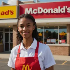 Jeune femme souriante devant un McDonald's, prête pour sa démission McDonald's sans préavis.