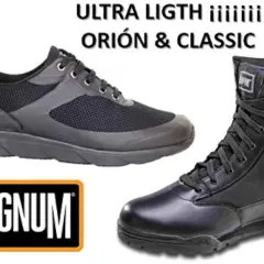 Botas Magnum Classic y zapatillas deportivas negras, ideales para cualquier aventura.