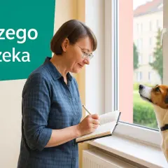 Kobieta notuje, a pies szczeka bez powodu, patrząc przez okno.