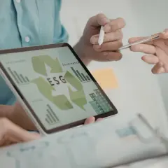 Zespół analizuje dane ESG na tablecie, planując strategię zrównoważonego rozwoju. To kluczowy element nowoczesnego system zarządzania energią ems.