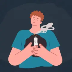 Mężczyzna z płonącą świecą w klatce piersiowej, symbolizującą wewnętrzne napięcie i nerwicę. Dym unosi się z płomienia.