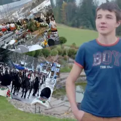Uroczystości pogrzebowe Stanisława Rzepki, przyczyna zgonu nieznana. Widać konny orszak i grób.