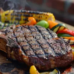 Un succulent côte de bœuf barbecue, grillé à la perfection, servi avec des légumes colorés et du maïs grillé.