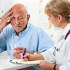 Starszy mężczyzna z bólem głowy rozmawia z lekarką o tym, co to demencja.