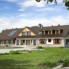 Projekt pensjonatu 10 pokoi. Dom z kamienną podmurówką, brązowym dachem i werandą. Otoczony zielenią, z podjazdem.