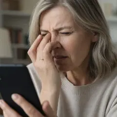 Donna con smartphone che si tocca gli occhi, forse per problemi alla vista, sintomi di affaticamento visivo.