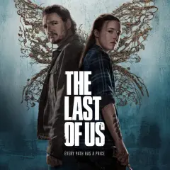 Joel i Ellie, bohaterowie serialu The Last of Us sezon 2, stoją plecami do siebie na tle mrocznego, niebieskiego tła z motywem grzybni.