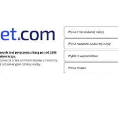 Logo Onet.com i pola do wyszukiwania osób na cmentarzu: imię, nazwisko, województwo, miasto.