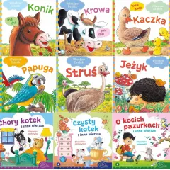 Okładki książek z wierszami o zwierzętach. Na jednej z nich chory kotek leży w łóżku, a piesek-lekarz go bada.